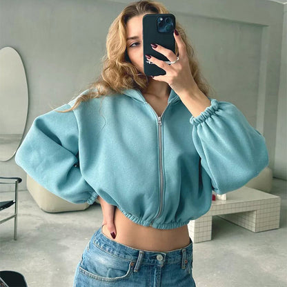 Fresh Arrivals at Buy Center: Casual Solid Color Hooded Short Jacket Y2K Fashion Sports Sweatshirt Long Sleeve Zipper Cardigan Women's Clothing Sky Blue