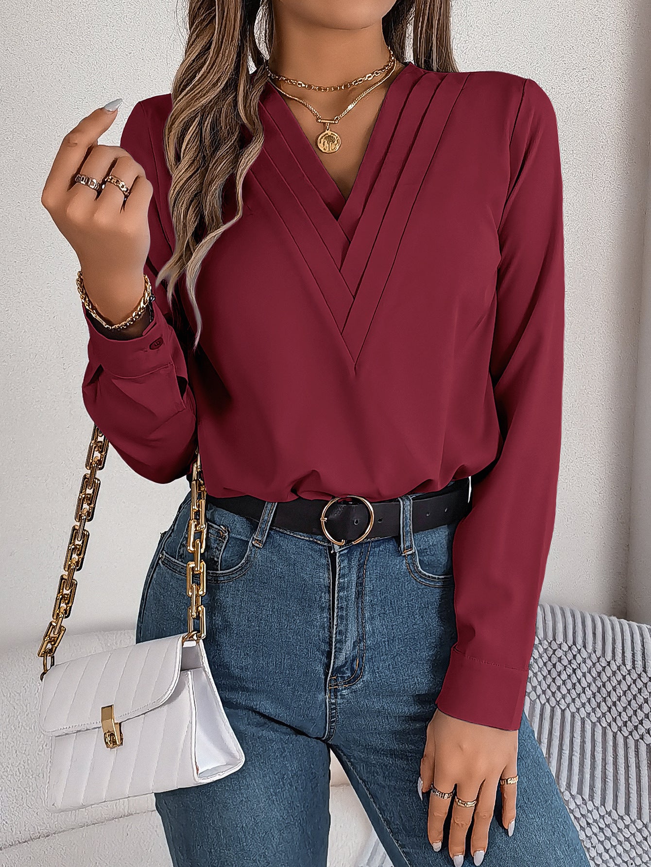 Fresh Arrivals at Buy Center: Fashion V-Neck Long Sleeve Shirt Elegant Commuter Solid Color Blouse Women's Clothing Wine Red