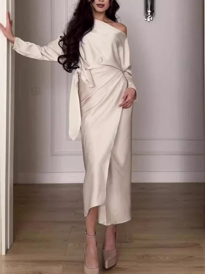 Newly Released at Buy Center: Solid Color Slope Neck Layered Long Sleeve Dress