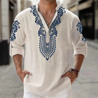 Camisa informal de playa de manga larga con cuello alto para hombre