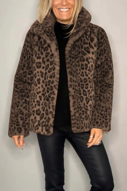 Winter New Women's Fashionable Leopard Print Lapel Faux Leather Woolen Top Buy Center