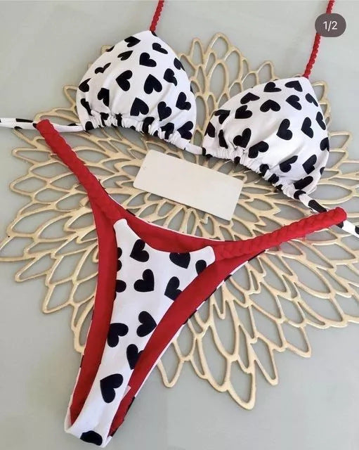 Women's Printed Lace Up Split Swimsuit Bikini White Love Heart