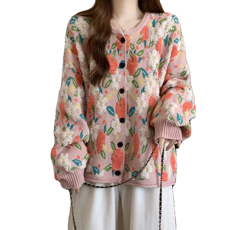 Hot New Items at Buy Center: Popular Beautiful Sweater Coat Early Fat Sister Slimming Retro Floral Knitted Cardigan Top