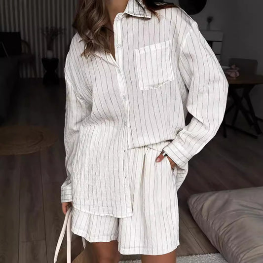 Buy Center Deal-White Striped Long-sleeved Shirt Two-piece Comfortable Stripes