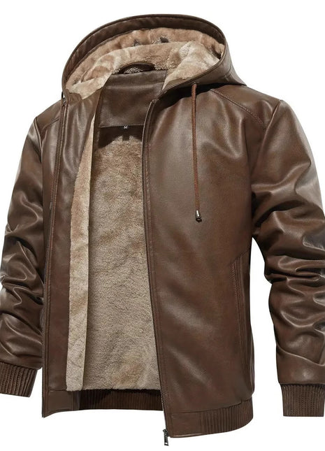 Winter Fleece-lined Men's Casual All-matching Hooded Leather Coat Coat Buy Center