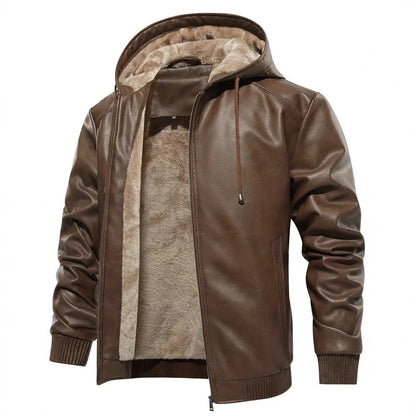 Winter Fleece-lined Men's Casual All-matching Hooded Leather Coat Coat Buy Center