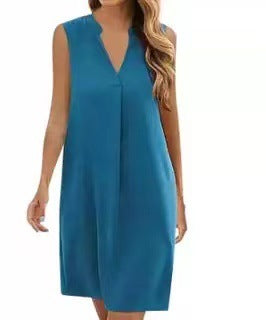 Buy Center Hot Pick-Sleeveless Elegant V-neck Loose Solid Color Dress Women Hole Blue