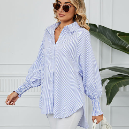 Women's Cuff Pleating Loose Striped Shirt Top | Women's Clothing4 | Buy Center