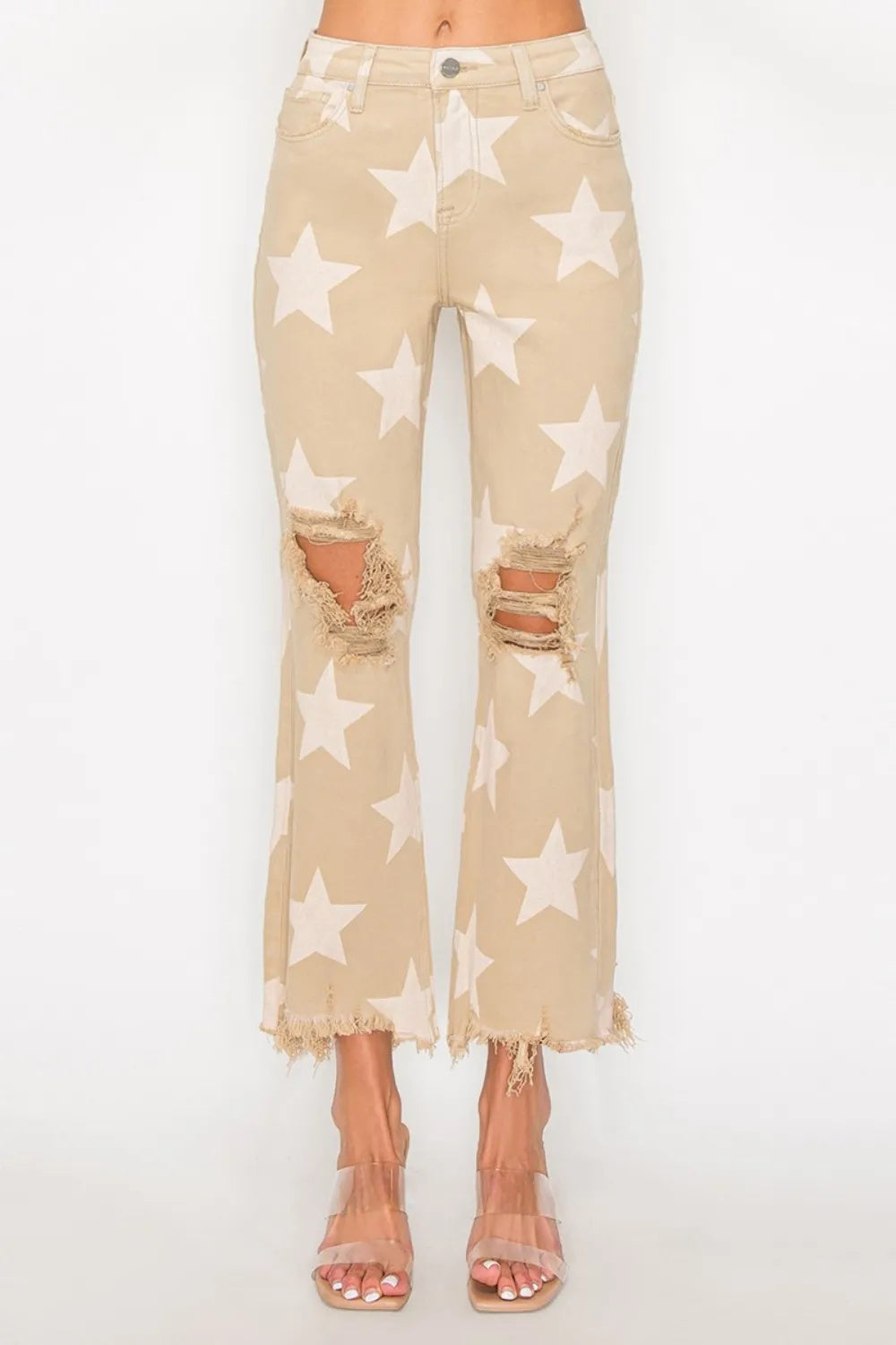 RISEN Full Size High Rise Star Printed Frayed Hem Jeans Buy Center