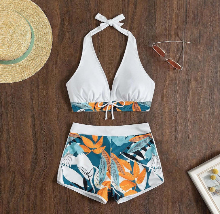 Fresh Arrivals at Buy Center: Solid Color Top Split Swimsuit Women's Leaf Print Boxers Strap