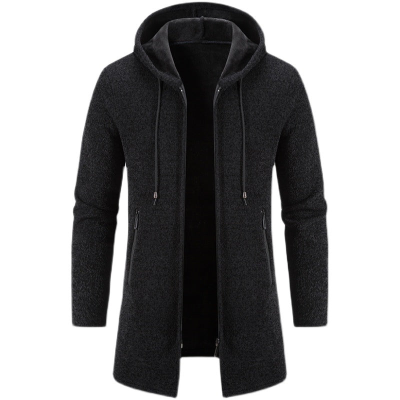 Autumn And Winter Fleece-lined Thickening Trendy Solid Color Men's Cardigan Mid-length Hooded Jacket Buy Center