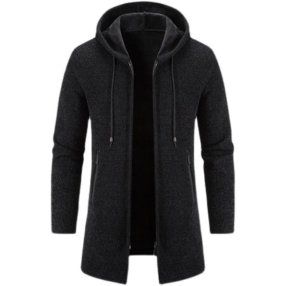 Autumn And Winter Fleece-lined Thickening Trendy Solid Color Men's Cardigan Mid-length Hooded Jacket Buy Center