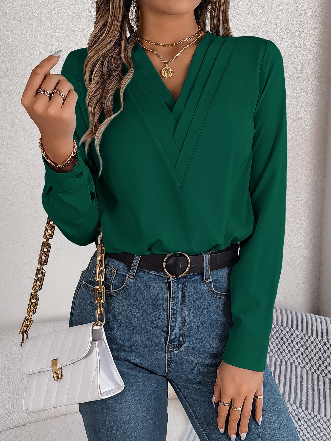 Fresh Arrivals at Buy Center: Fashion V-Neck Long Sleeve Shirt Elegant Commuter Solid Color Blouse Women's Clothing Dark Green