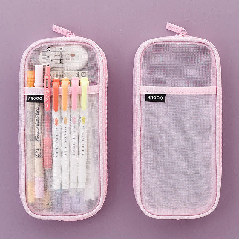 Trending Now at Buy Center: Mesh Pen Case Transparent Solid Color Stationery Storage Bag Pink and white