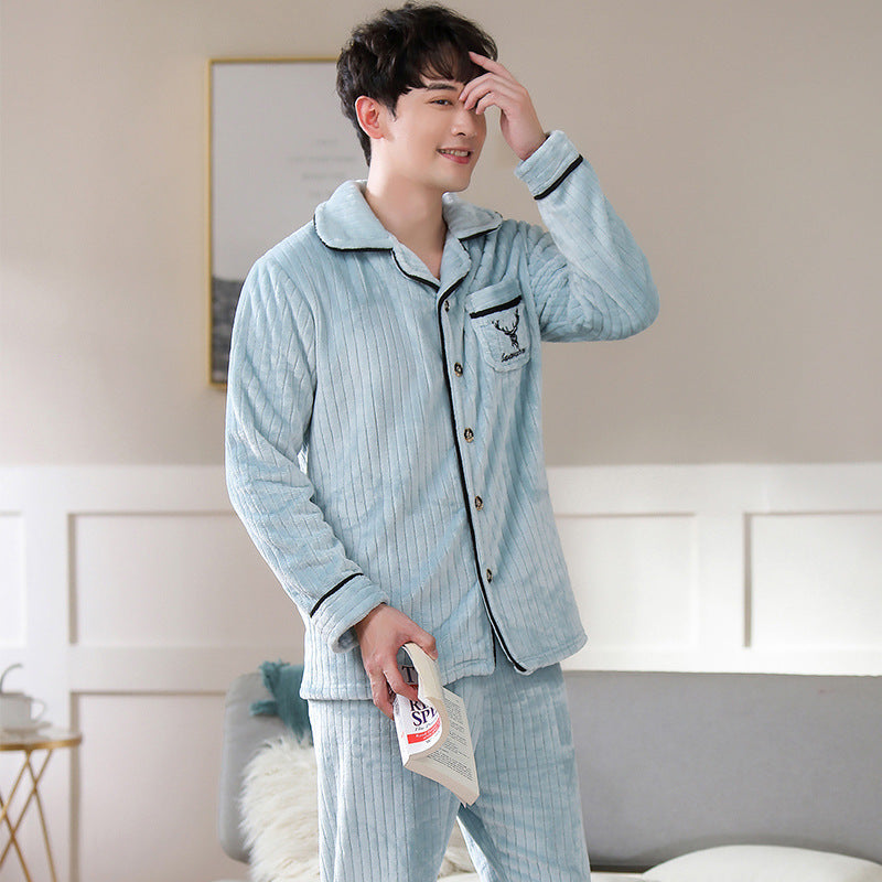 Autumn And Winter Flannel Men's Pajamas Men's Lapel Cardigan Buy Center