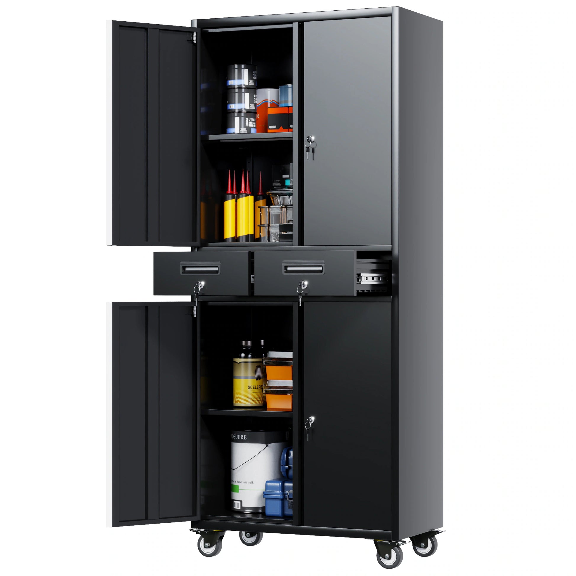 Garage Cabinet With Locking Doors,Tool Storage Cabinet With 4 Wheels And 2 Drawer And Adjustable Shelves- 71inch H Rolling Storage Cabinet For Garage,Warehouse,Home,Office,School Black | Women's Clothing3 | Buy Center