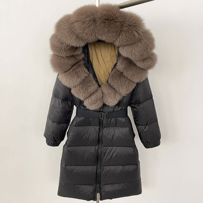 Women's Long Cinched Hoodie Real Fox Collar Fur Down Jacket Coat | Women's Clothing-Outerwear & Jackets-Wom | Buy Center