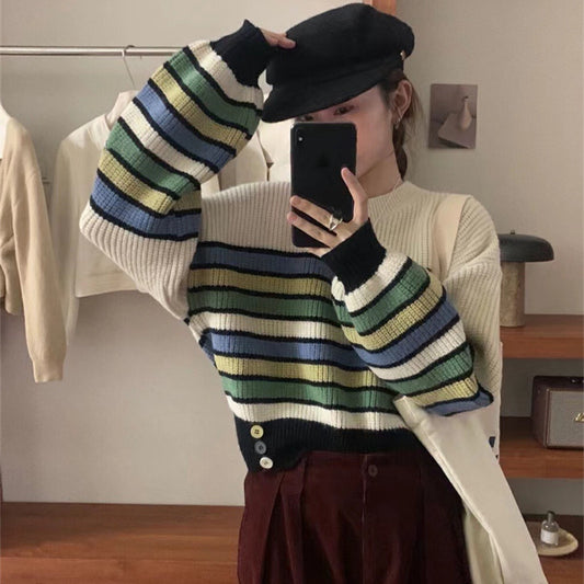 Buy Center Exclusive Offer-Color Vintage Stripe Crew Neck Pullover Sweater Contrast Color Knitwear