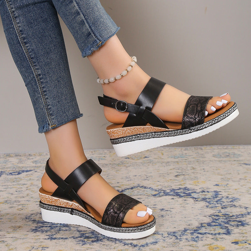 Trending Now at Buy Center: Spring And Summer New Wedge Round Toe Wide Strap Sandals For Women