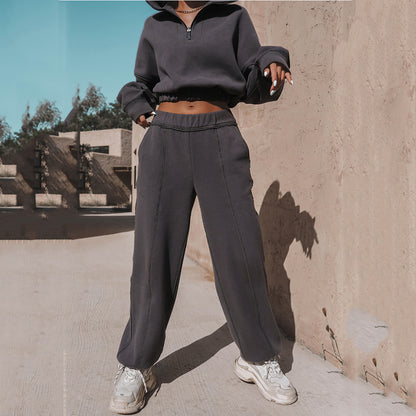 Hot New Items at Buy Center: Long Sleeve Sweatshirt Stand Up Zipper Short Top With Loose Straight Leg Pants Women's Clothing