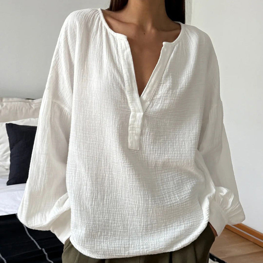 Buy Center Exclusive Offer-Simple Pure Cotton Design Lantern Sleeve Blouse White