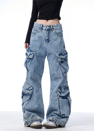 Multi-Pocket Workwear Jeans Women's Loose Wide-leg Pants