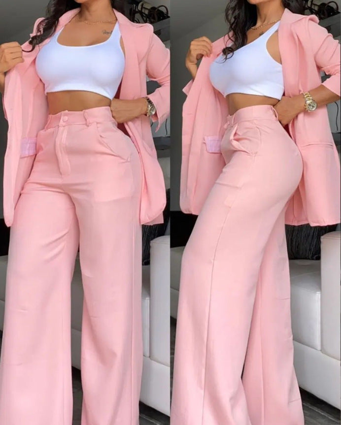 Buy Center Premium-Pure Color Split Sleeve Lapel Suit Straight-leg Pants Suit Women Pink