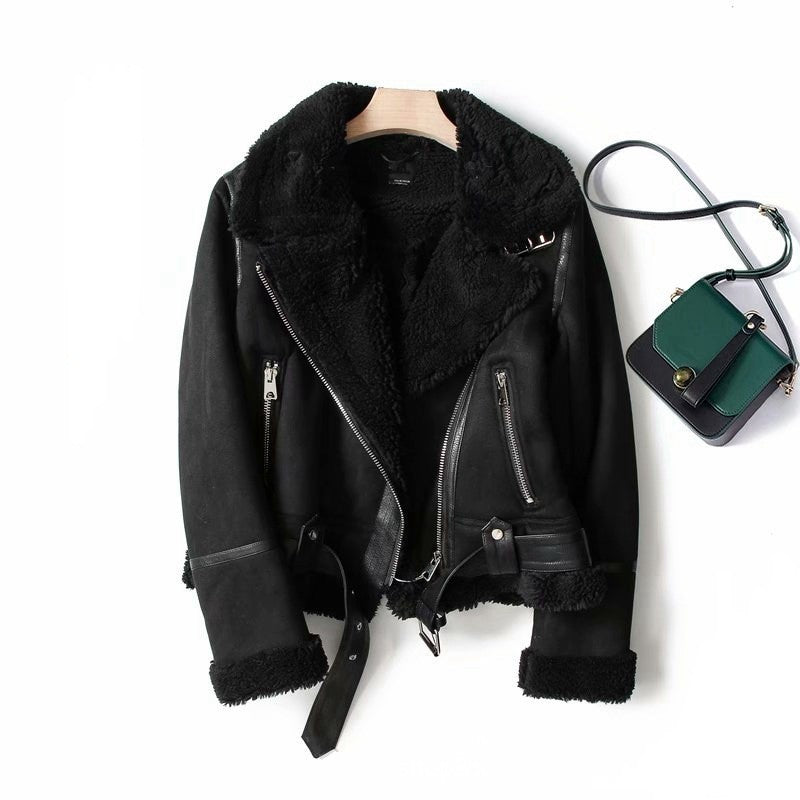 Lamb Wool Warm Coat Motorcycle Clothing Women Black