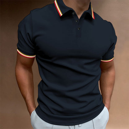 Now Available at Buy Center: Men's Slim Polo Shirt Rib Striped T-shirt Top Navy Blue