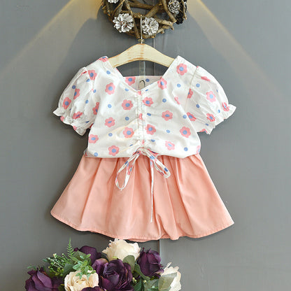 Fresh Arrivals at Buy Center: Girls' Western Style Printed Drawstring Simple Skirt Outfit Pink