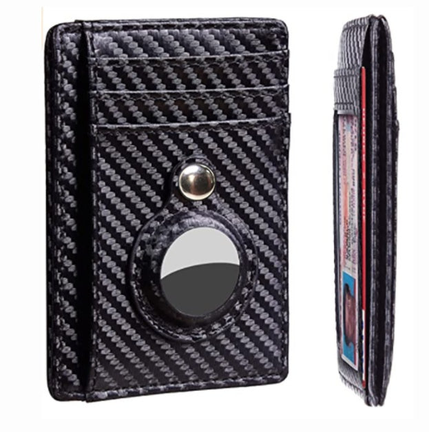 AirTag Wallet Anti Theft Bullet Card Bag Multi-functional Rfid Card Holder Men's Leather Slim Wallets For Airtag Air Tag Clip carbon fiber black