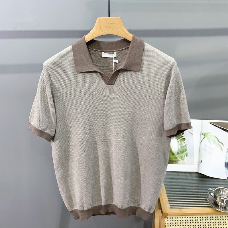 Hot New Items at Buy Center: Men's Ice Silk Knitted Trendy Niche Contrast Color Lapels Short Sleeve Brown