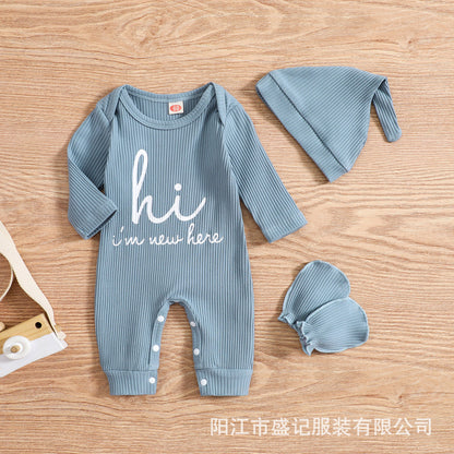 Fresh Arrivals at Buy Center: Baby Romper Hat Anti-grasping Gloves Three-piece Set Sky Blue