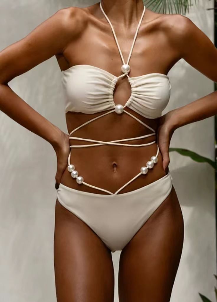 Hot New Items at Buy Center: Women's Split Lace-up Bikini Swimsuit Milky White