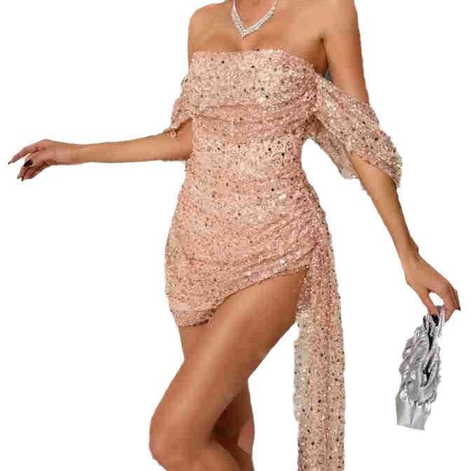 Off-shoulder Sequins Sexy Pleated Dress Buy Center