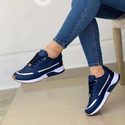 New Casual Lace-up Shoes Women Shallow Round Toe Sports Walking Sneakers Dark Blue