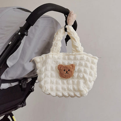 Bolso de mano acolchado con cabeza de oso de peluche tridimensional a cuadros