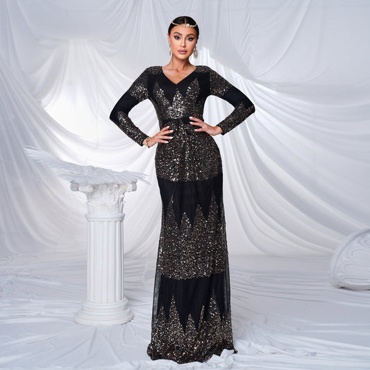 Long Sleeve V-neck Sexy Slim-fit Long Sequined Banquet Evening Dress | Women's Clothing4 | Buy Center