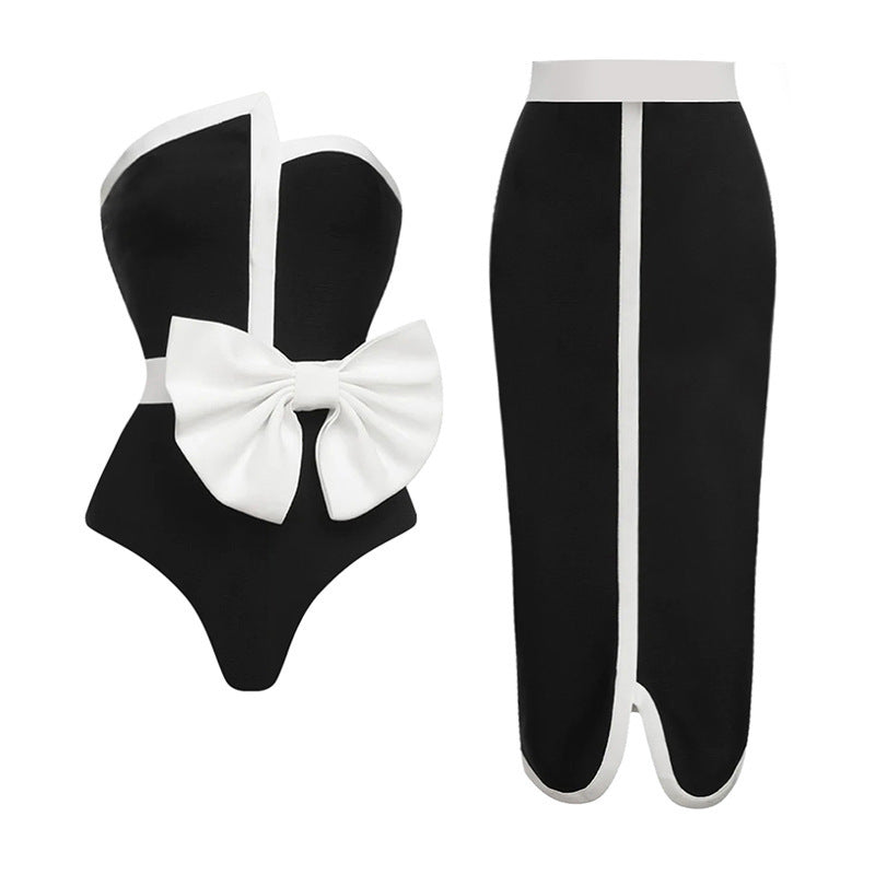 Trending Now at Buy Center: Black And White Color-blocking Bow Irregular Tube Top One-piece Swimsuit For Women Suit