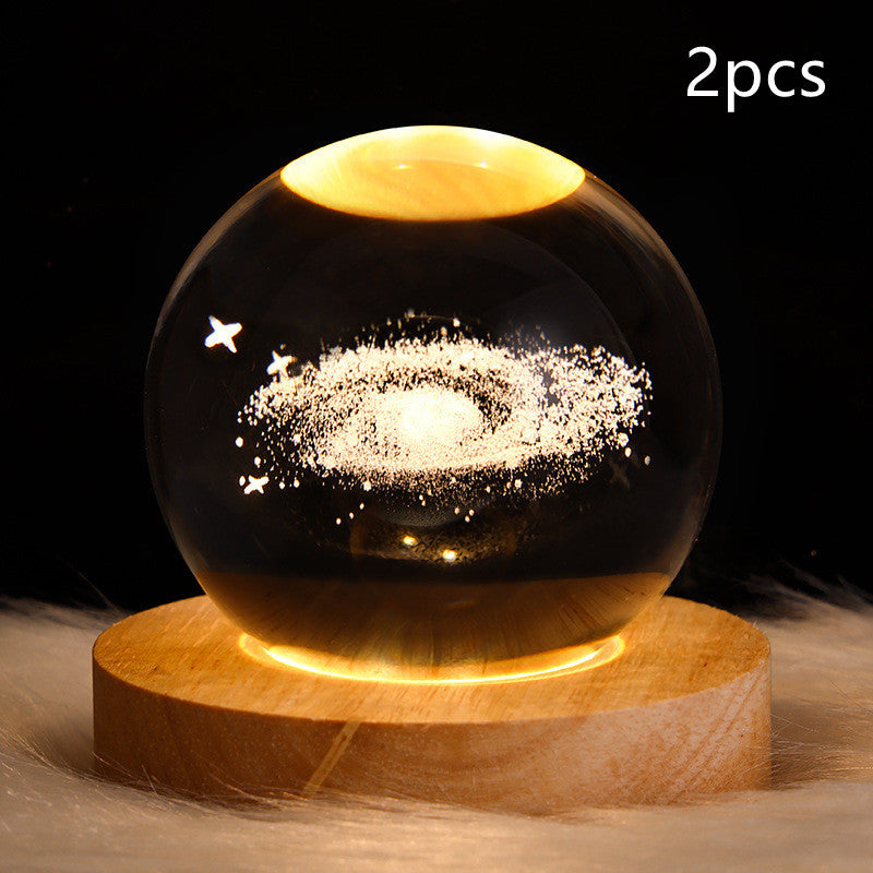 LED Night Light Galaxy Crystal Ball Table Lamp 3D Planet Moon Lamp Bedroom Home Decor For Kids Party Children Birthday Gifts Solid Wood Seat Set8 USB