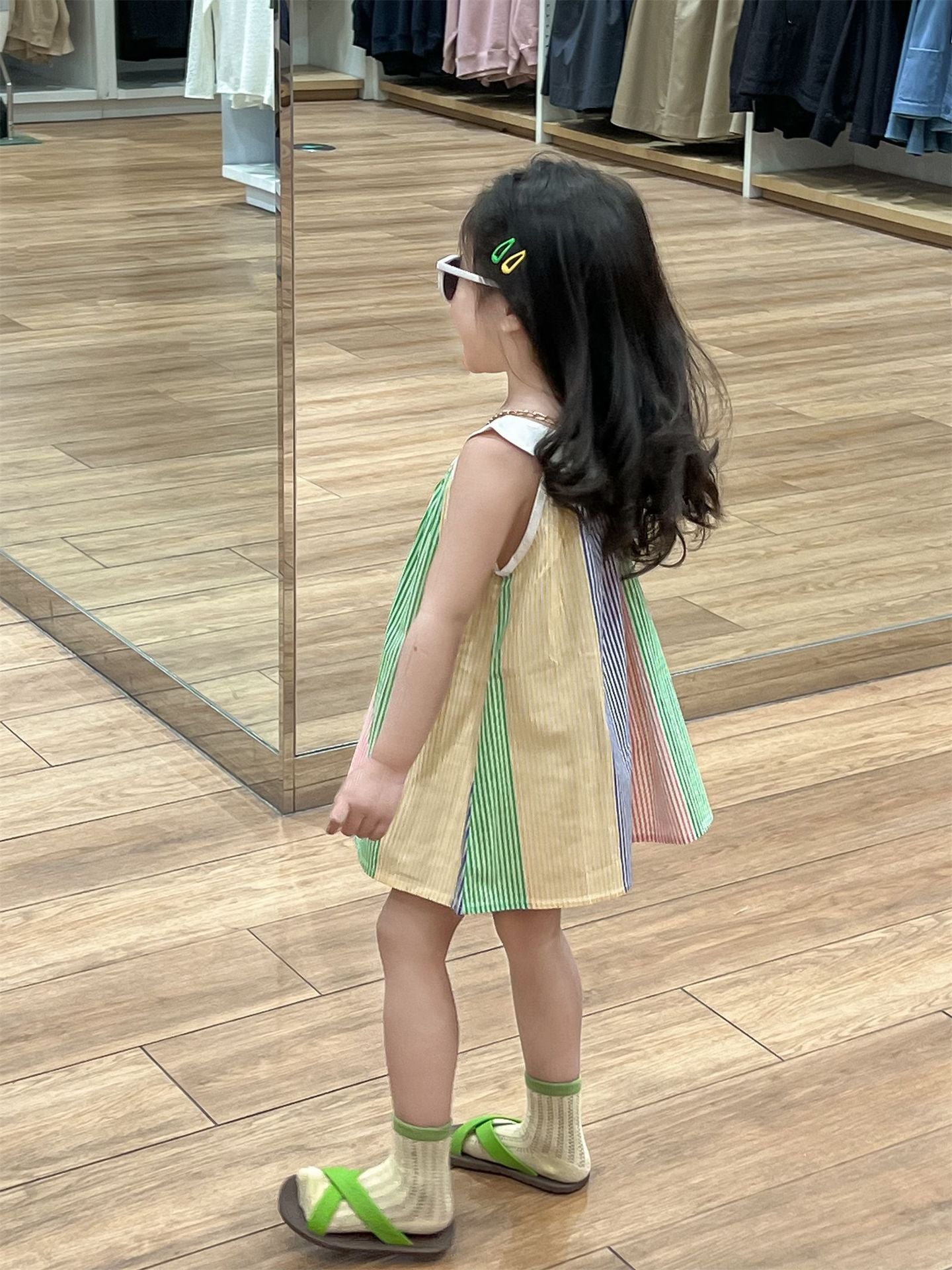 Fresh on the Scene at Buy Center: Girl's Fresh Color Printing Vertical Stripe Sling Dress