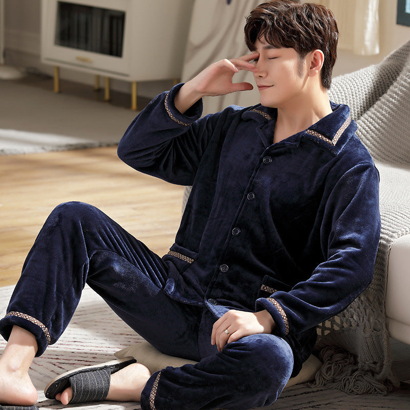 Autumn And Winter Flannel Men's Pajamas Men's Lapel Cardigan Buy Center