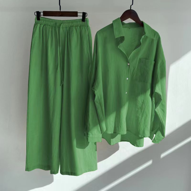 Buy Center Hot Pick-Cross-border Women's Ancient Cotton And Linen Shirt Outfit High Waist Loose Trousers Fluorescent Green