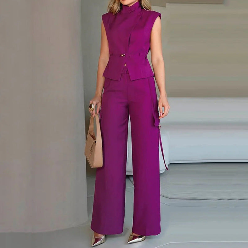 Hot New Items at Buy Center: Rest Sleeveless Polo Collar Solid Color Casual Two-piece Suit Purple