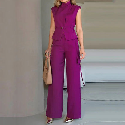 Hot New Items at Buy Center: Rest Sleeveless Polo Collar Solid Color Casual Two-piece Suit Purple