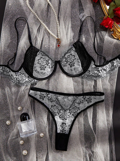 Newly Released at Buy Center: Women's Fashion Floral Embroidered Underwear Suit Black And White