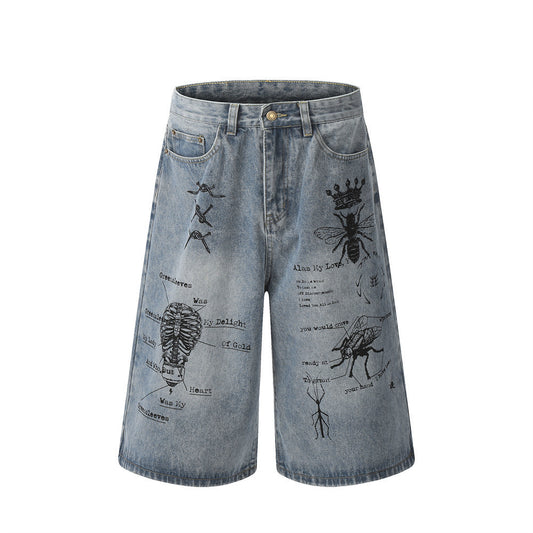 Newly Released at Buy Center: Graffiti Printing Jeans Middle Pants Men Blue