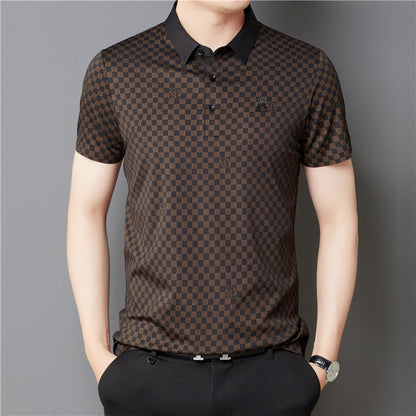 Newly Released at Buy Center: Men's Lapel Plaid Printed Seamless High Elasticity Ice Silk Short Sleeve 827 Brown