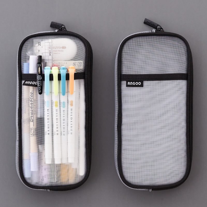 Trending Now at Buy Center: Mesh Pen Case Transparent Solid Color Stationery Storage Bag Black and white