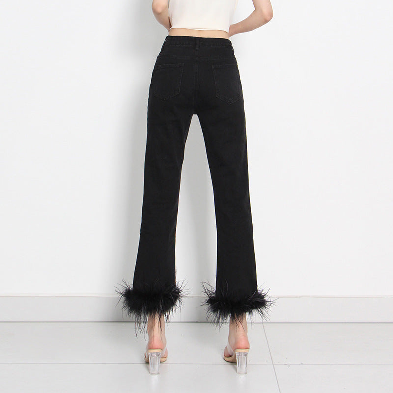 Simple Cropped Fashion Trousers Ostrich Feather Stitching Design For Women Buy Center